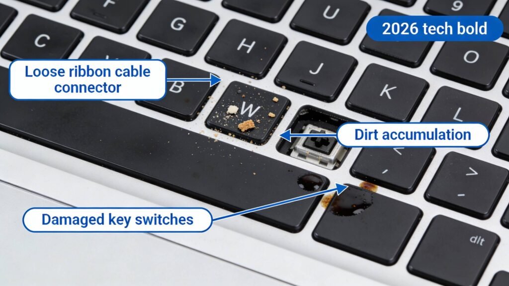 Detailed diagram of common keyboard hardware problems including stuck keys debris accumulation liquid spill damage and loose ribbon cable connectors