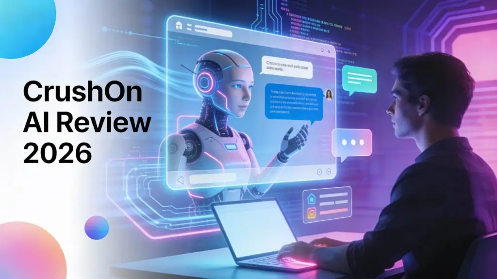 Futuristic illustration of a user chatting with a glowing AI assistant inside a colorful virtual interface, used as the hero image for a CrushOn AI Review 2026 blog post
