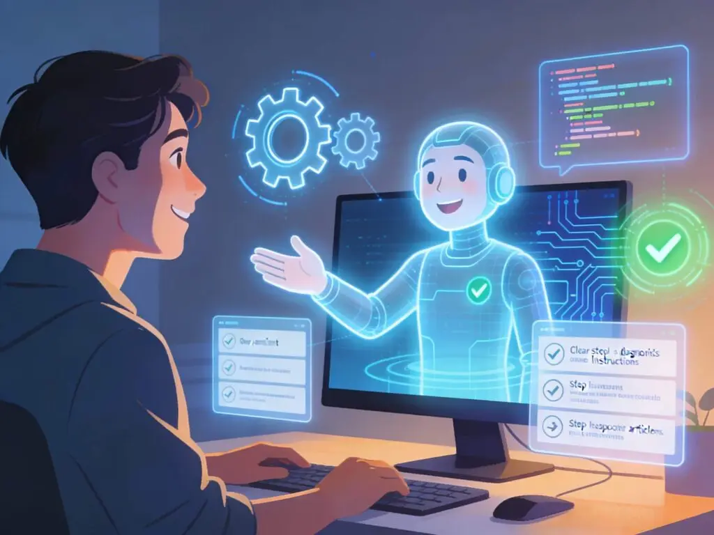 Person receiving help from friendly AI assistant hologram with floating diagnostic tools gears and code snippets for easy tech troubleshooting
