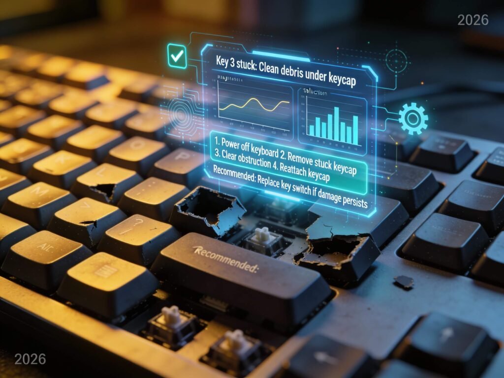 Close-up of broken mechanical keyboard with missing and damaged keys being diagnosed by AI assistant interface showing troubleshooting solutions