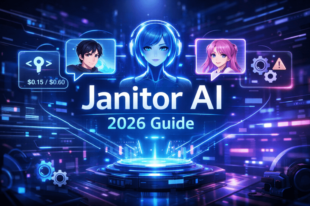 Janitor AI 2026 tutorial featured image showing holographic AI characters, API settings, pricing tables, and chatbot interface for complete setup guide