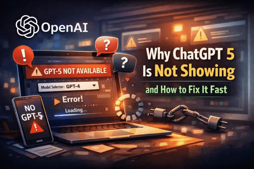 Why ChatGPT 5 is not showing in ChatGPT interface with OpenAI logo, GPT-5 not available error, and troubleshooting visuals
