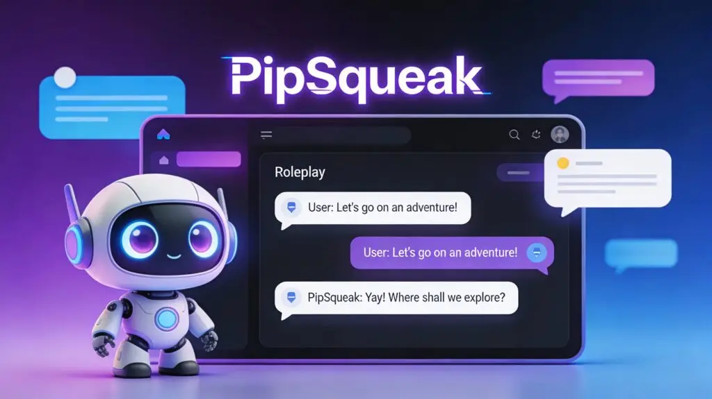 Character AI PipSqueak experimental roleplay model interface showing cute robot mascot with chat bubbles and messaging features in purple and blue gradient design ​