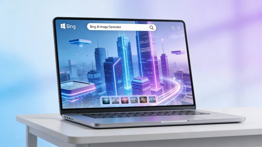Laptop on a minimalist white desk showing a vibrant AI‑generated futuristic cityscape on screen, illustrating Microsoft Bing AI Image Generator for marketers and business owners.