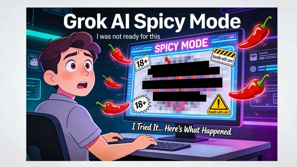 Surprised user looking at Grok AI Spicy Mode screen with censored spicy content and warning labels