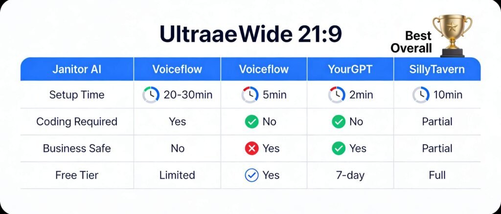 Janitor AI vs Voiceflow YourGPT SillyTavern 2026 feature comparison chart showing setup time, coding requirements, business safety, and free tier options