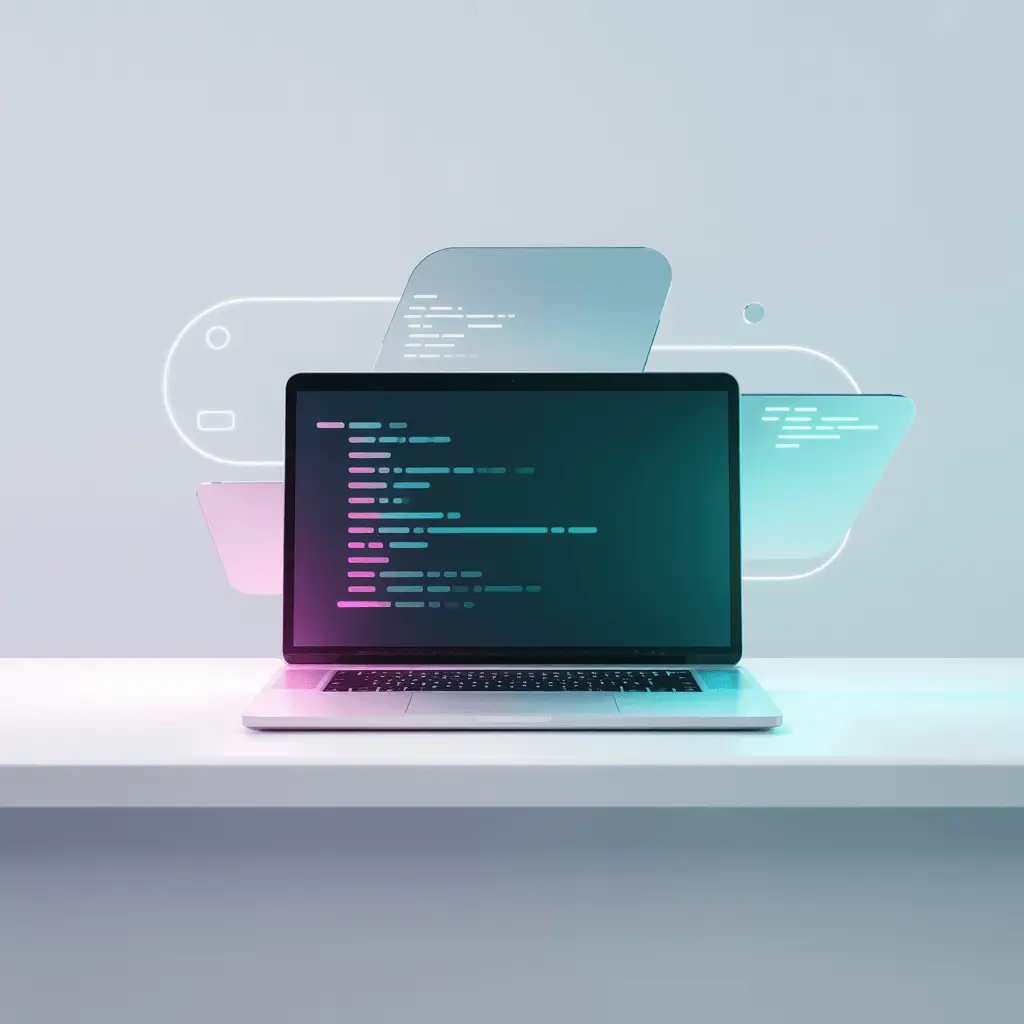 Illustration of a laptop displaying code and digital interface elements representing modern technology and web development