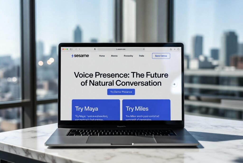 Professional hero image for Sesame AI complete guide 2026 showing official homepage on MacBook Pro in modern bright office – Voice Presence technology