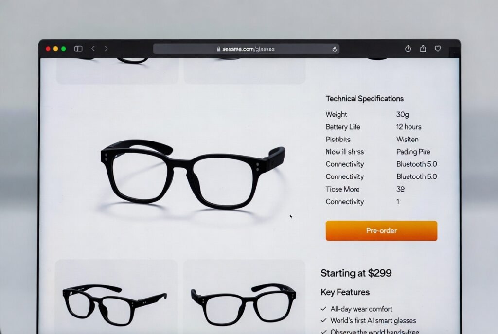 Official Sesame AI glasses product page on sesame.com showing lightweight AI eyewear specs and pre-order button