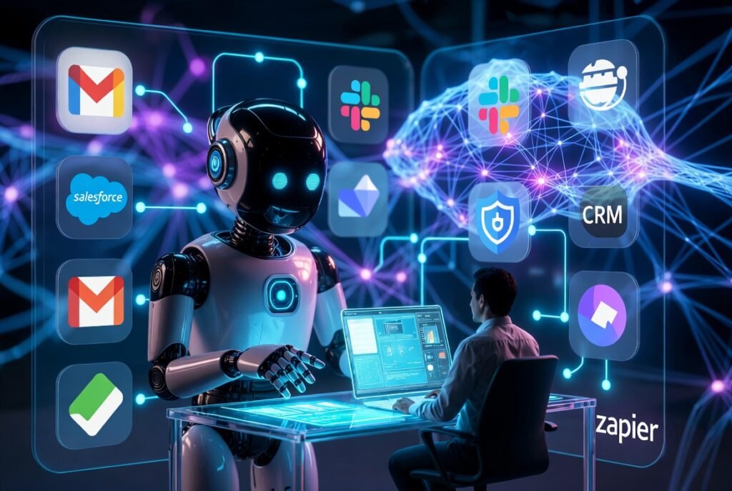 AI workflow automation 2026 futuristic dashboard with connected apps and AI agents