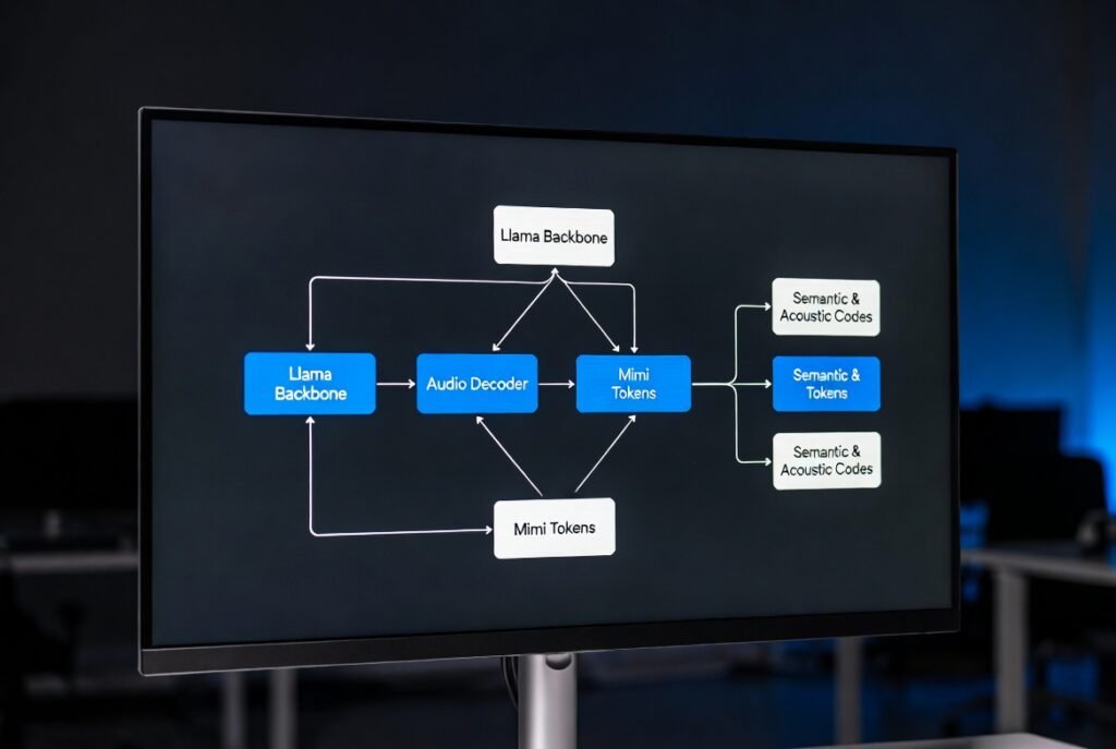 Professional technical diagram of Sesame Conversational Speech Model (CSM) architecture showing Llama backbone and audio decoder flow – used in complete guide article