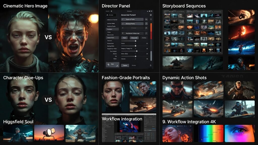 Collage showcasing Higgsfield AI strengths in 2026 — before-and-after text-to-video comparison, Cinema Studio Director Panel interface, storyboard sequence grids from Higgsfield Shots, ultra-detailed Higgsfield Soul character close-ups, fashion-grade portraits, dynamic action motion frames with Kling 3.0 physics, and professional cinematic film stills in 4K.