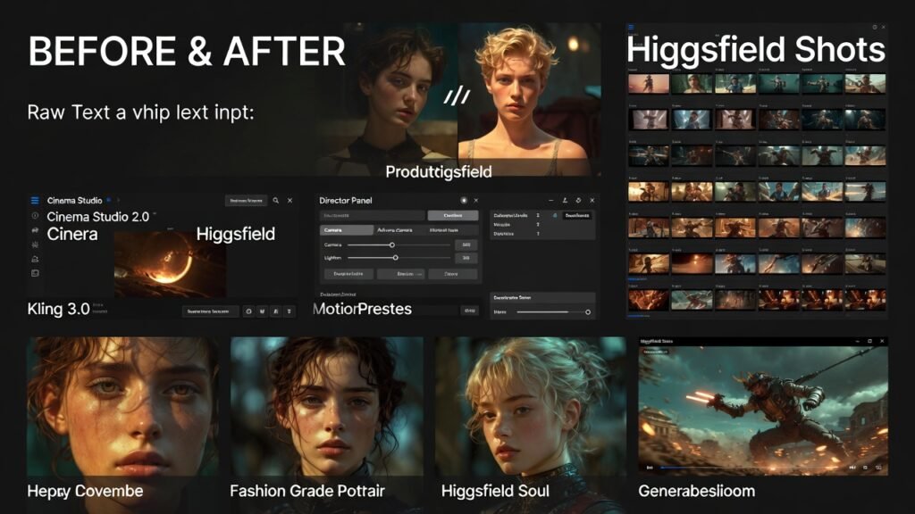 Side-by-side cinematic hero shot comparison (raw vs polished Higgsfield output), Director Panel interface with advanced camera presets and motion controls, multi-frame storyboard sequences, hyper-realistic character close-ups and fashion portraits from Higgsfield Soul, intense dynamic action scenes with motion blur and physics, all demonstrating professional AI filmmaking capabilities in 16:9 4K format.