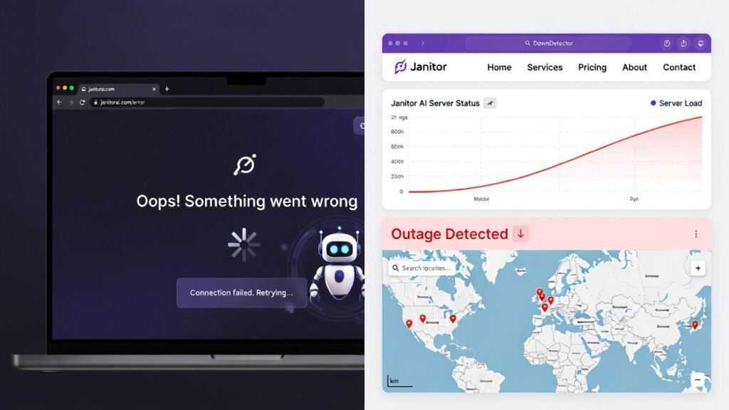 Current image: Split screen showing Janitor AI error message on laptop with DownDetector outage map displaying real-time server status and user reports