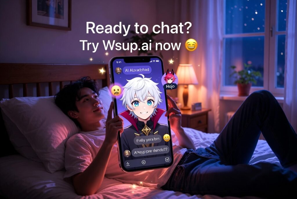 Young man relaxing in bed at night happily chatting with anime AI characters on Wsup AI phone. Motivational CTA image for free AI character chat platform 2026.
