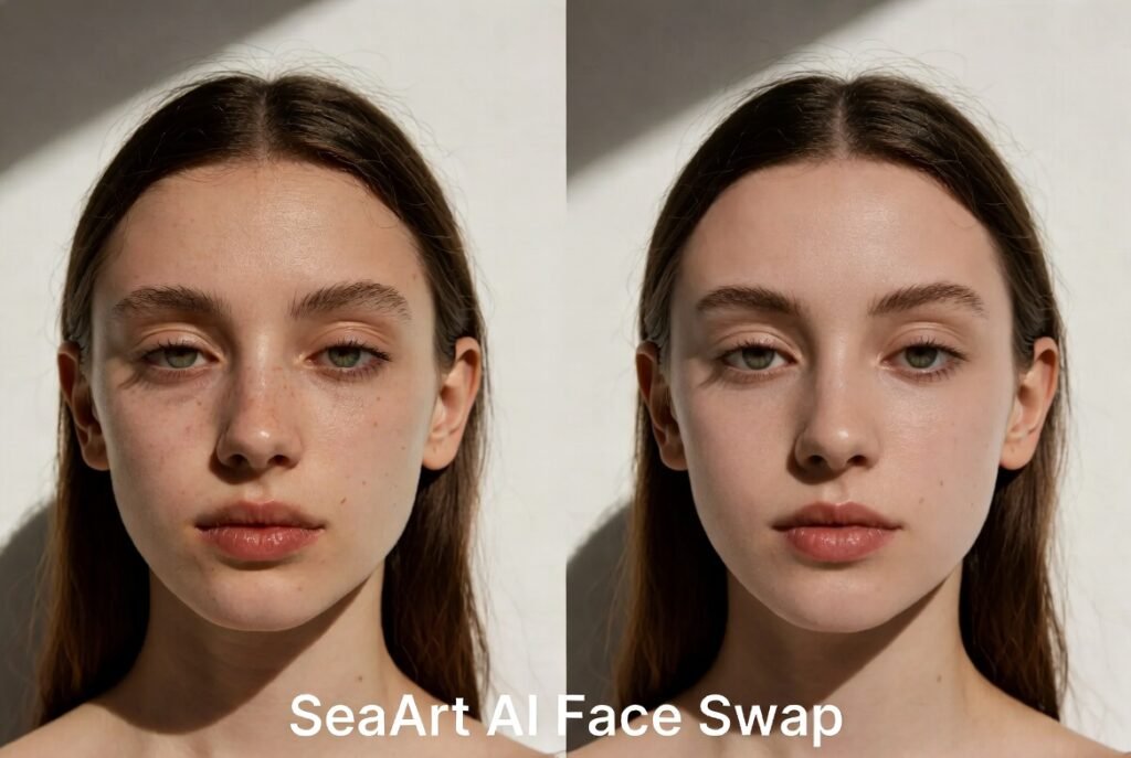 SeaArt AI face swap feature demonstration before and after 2026