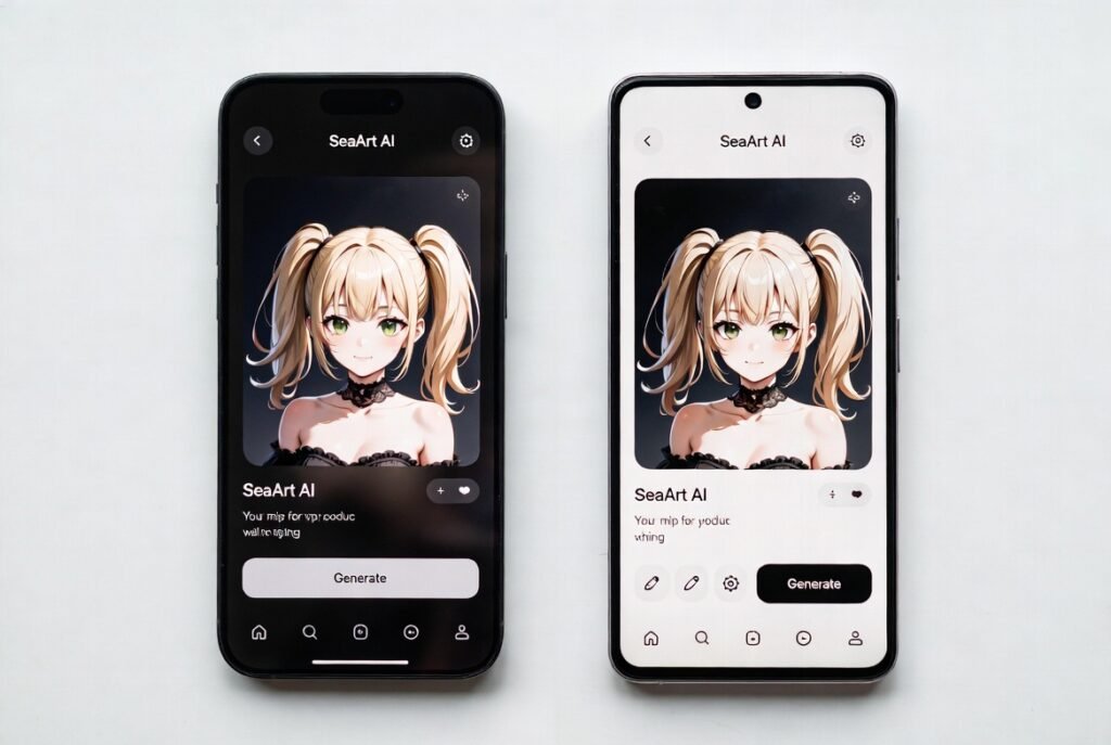 SeaArt AI mobile app interface on smartphone for iOS and Android 2026