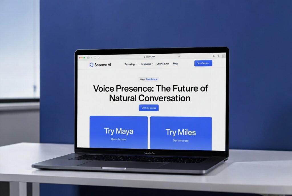 Official Sesame AI homepage at sesame.com showing Voice Presence headline, Maya and Miles demo buttons, and clean modern navigation – professional screenshot for complete guide article