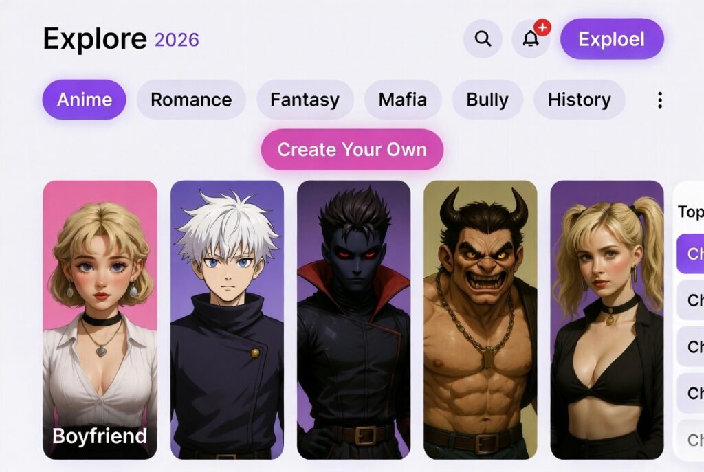 Wsup AI Explore page 2026 with character grid: Boyfriend, Gojo Satoru, vampire, bully, and romantic characters. Category filters and big “Create Your Own” button visible.