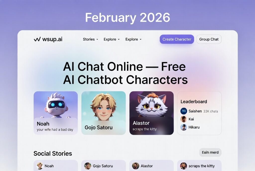 Official Wsup AI homepage 2026 showing Stories, Explore, Create Character buttons, popular AI characters like Gojo Satoru, Noah, and Alastor, plus live leaderboard.