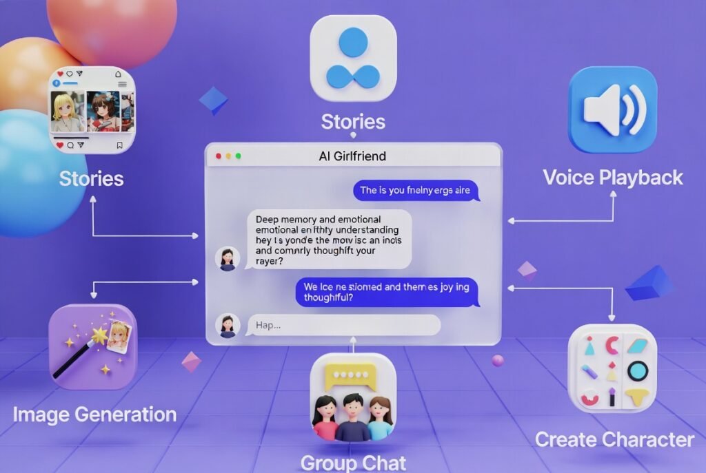 Collage of Wsup AI 2026 features: deep memory chat, Stories social feed, image generation, voice playback, group chat, and create character tools in purple-blue theme.