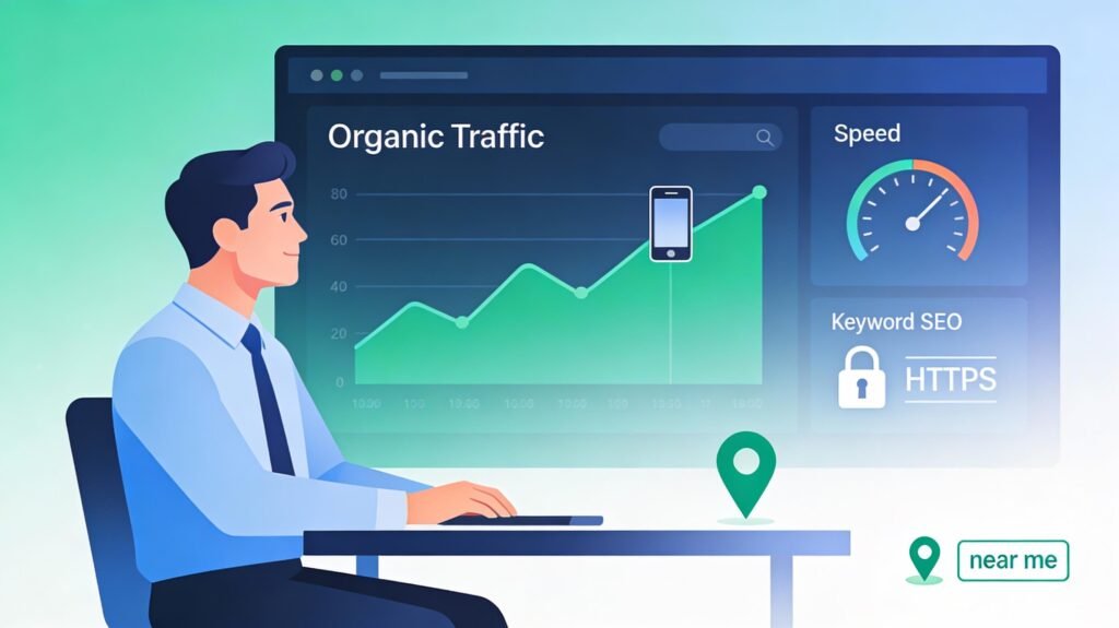 Confident business owner viewing rising SEO analytics on a screen, representing SEO experts at Garage2Global improving website rankings.