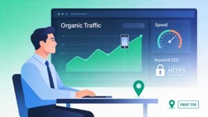 Confident business owner viewing rising SEO analytics on a screen, representing SEO experts at Garage2Global improving website rankings.