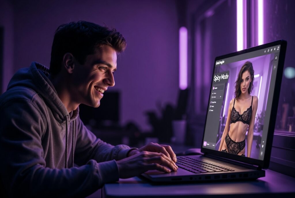 man viewing spicy mode nsfw on grok imagine laptop