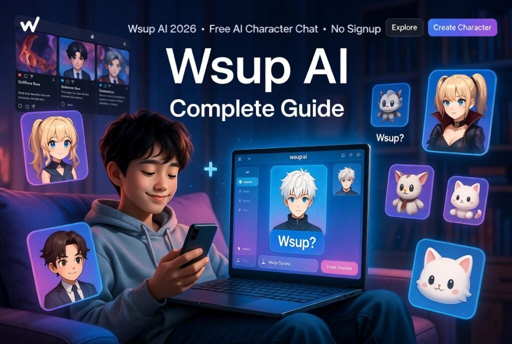 Young person relaxing on couch chatting with Wsup AI characters on laptop and phone in 2026. Features free AI character chat no signup platform with Gojo Satoru and cute AI companions.