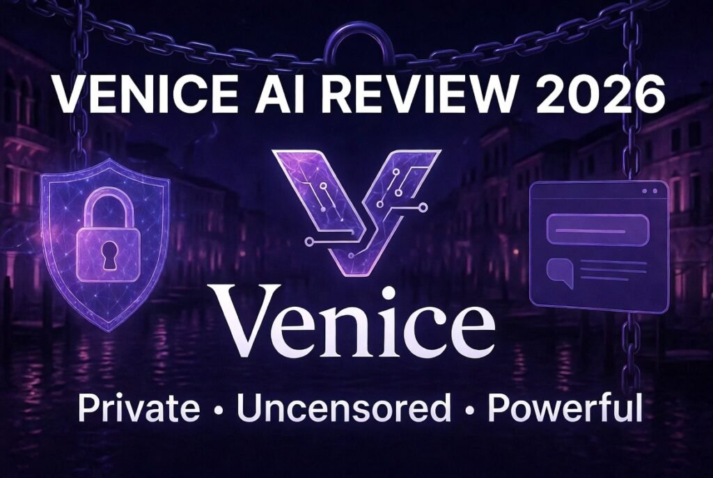 Venice AI Review 2026 featured image showing the official Venice AI logo with privacy shield and futuristic Venice canals background