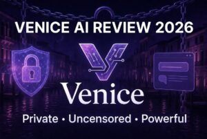 Venice AI Review 2026 featured image showing the official Venice AI logo with privacy shield and futuristic Venice canals background